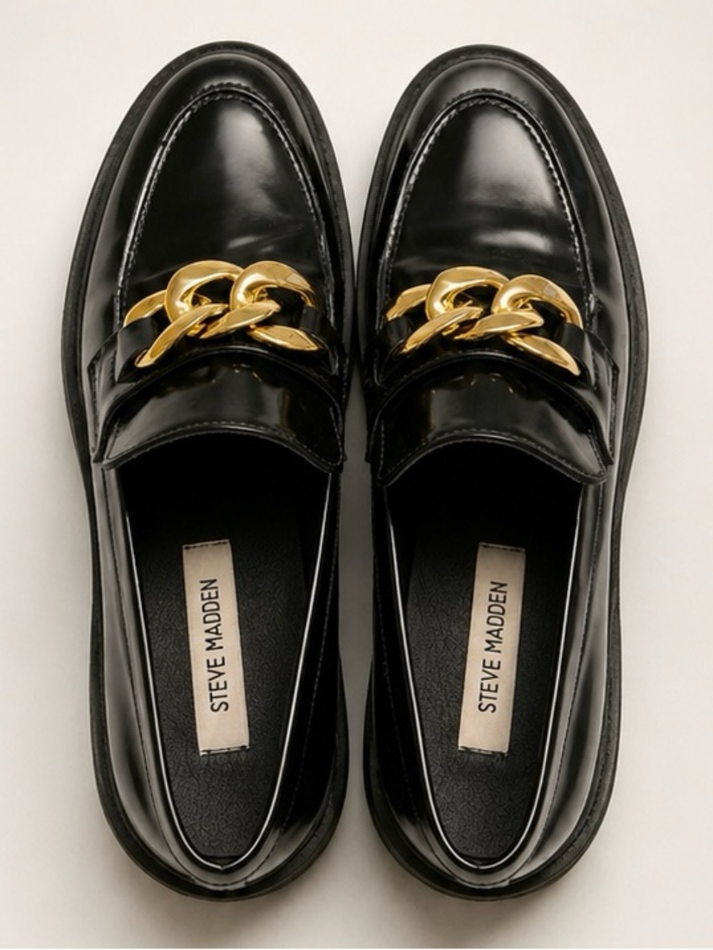 Steve Madden Black Patent Loafers with Gold Chain Detail